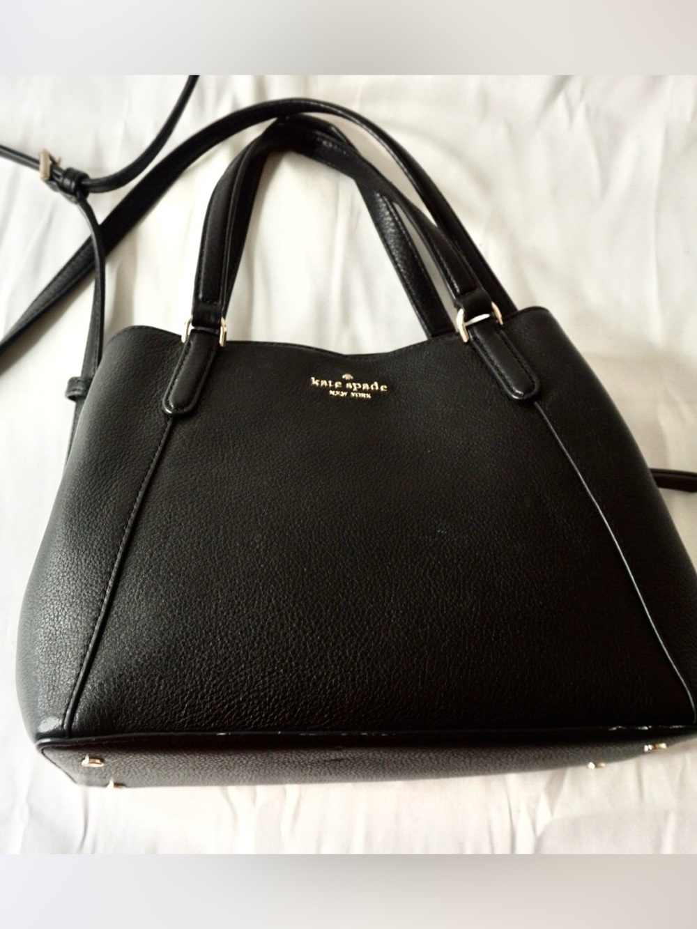 kate spade Black Pebble Leather Satchel with Gold Logo